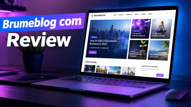 A laptop showing the Brumeblog com dashboard with categories for Business, Finance, Tech, Health, and Travel. The interface has floating digital interfaces, and data icons for blockchain, web analytics, and cloud computing.