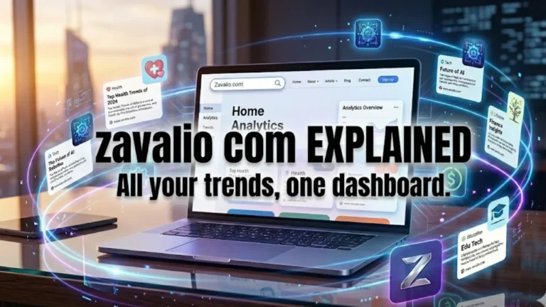 Futuristic 3D rendering of a laptop with the bold headline "ZAVALIO COM EXPLAINED" and glowing neon data points.